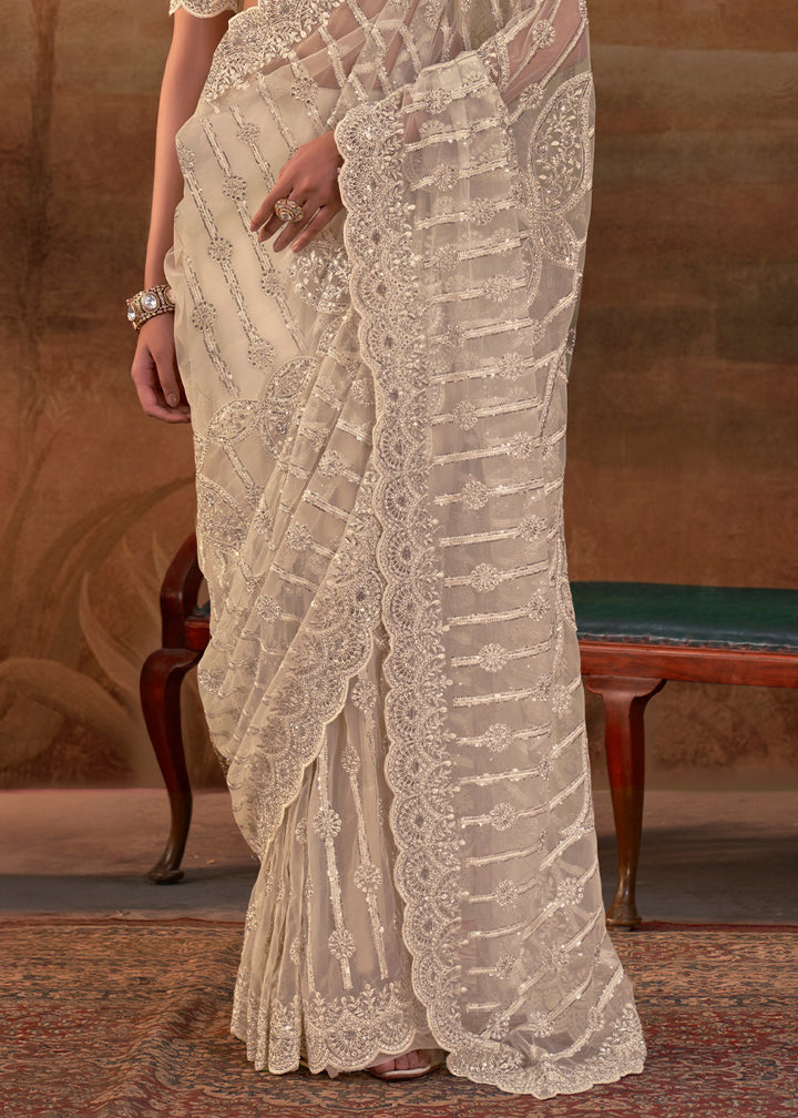Tan Brown Net Saree with Embroidery &amp; Sparkling Zarkan