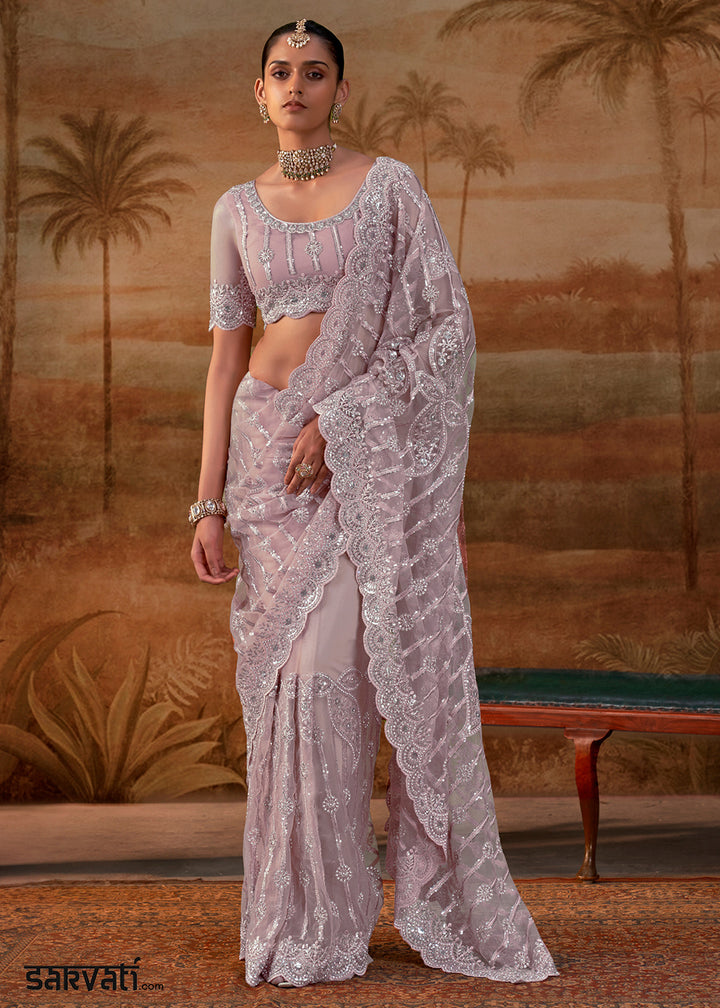 Pale Purple Net Saree with Embroidery &amp; Sparkling Zarkan