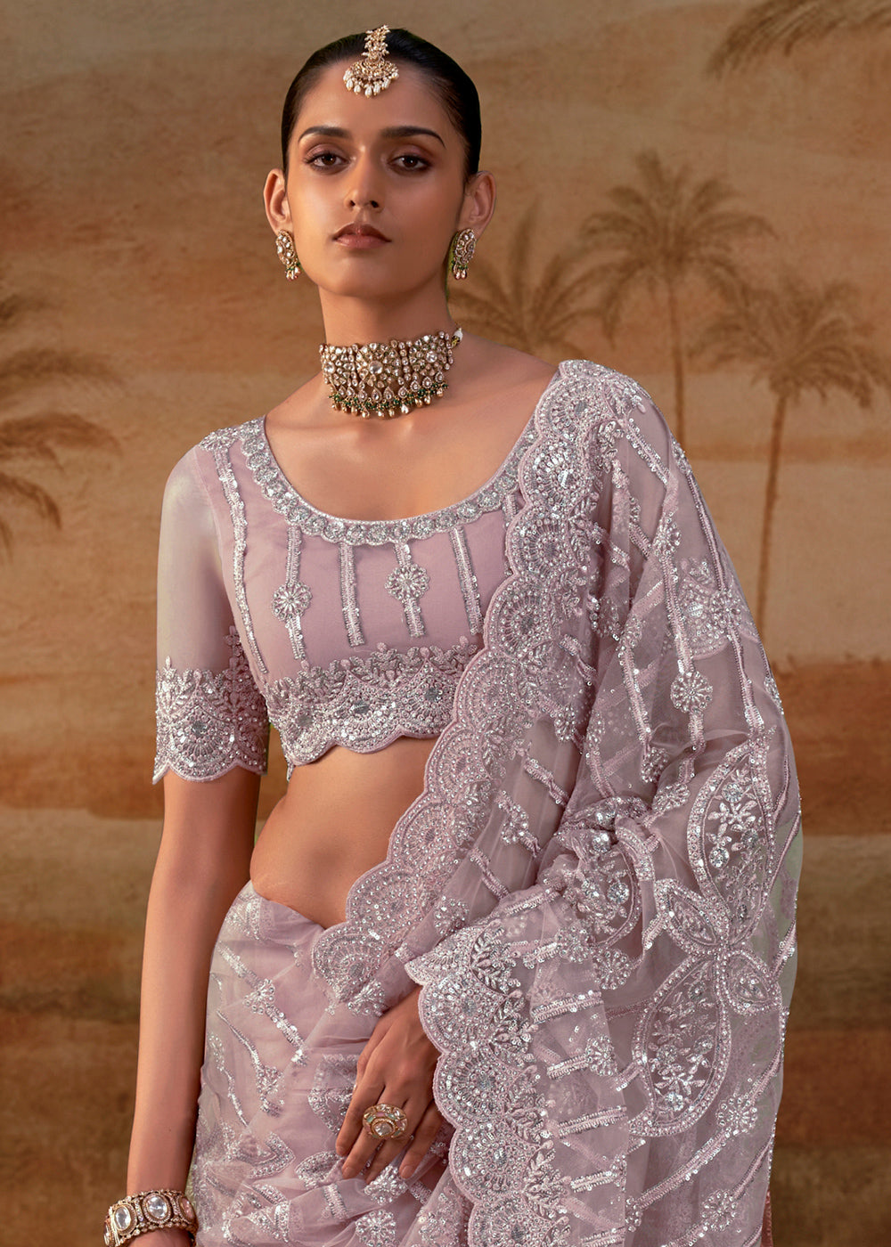 Pale Purple Net Saree with Embroidery & Sparkling Zarkan