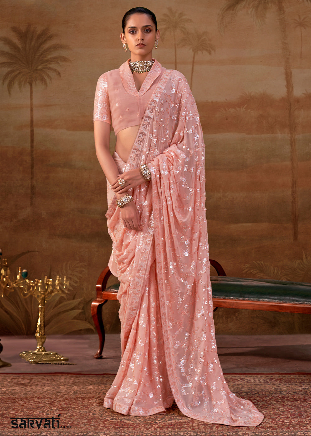 Peach Pink Georgette Saree with Sequin &amp; Thread Artistry