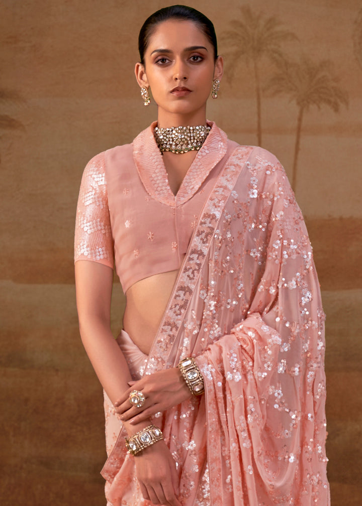Peach Pink Georgette Saree with Sequin &amp; Thread Artistry