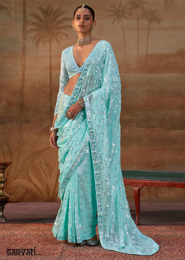 Baby Blue Georgette Saree with Sequin &amp; Thread Artistry