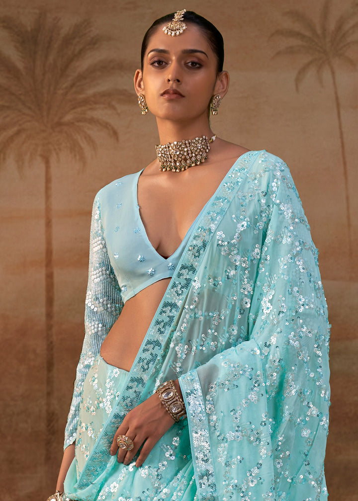 Baby Blue Georgette Saree with Sequin &amp; Thread Artistry
