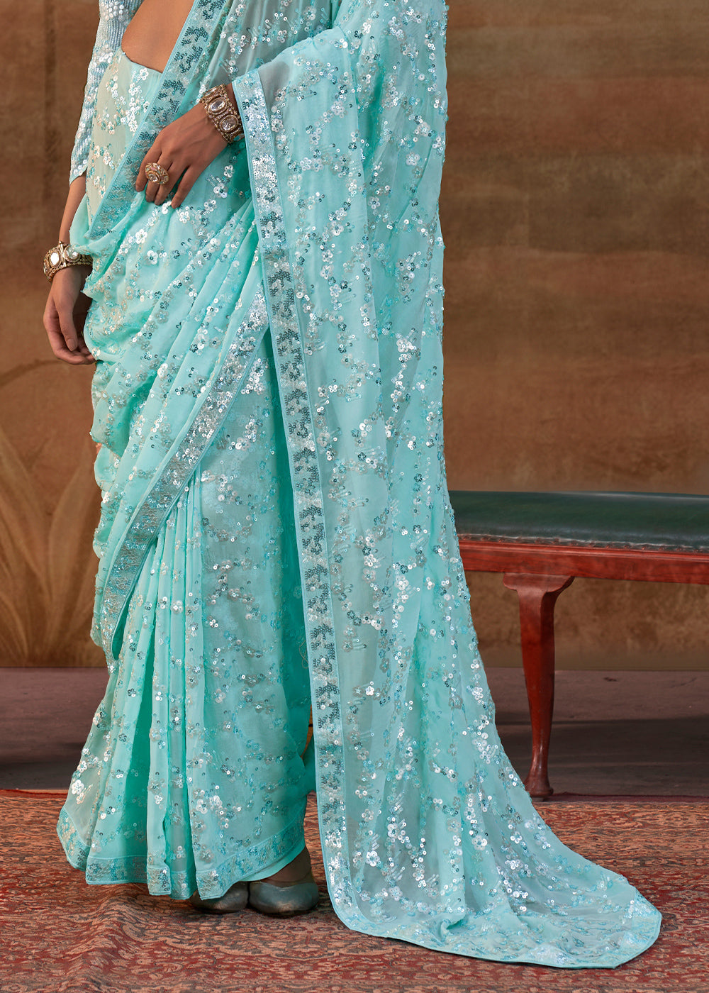 Baby Blue Georgette Saree with Sequin &amp; Thread Artistry