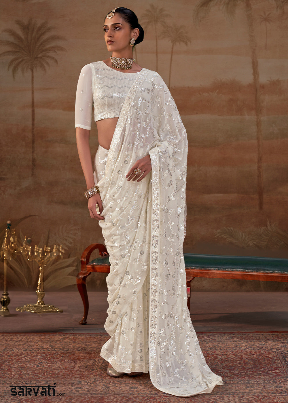 Pearl White Georgette Saree with Sequin &amp; Thread Artistry