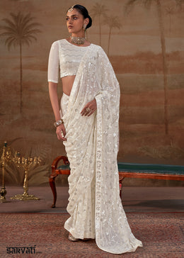 Pearl White Georgette Saree with Sequin & Thread Artistry