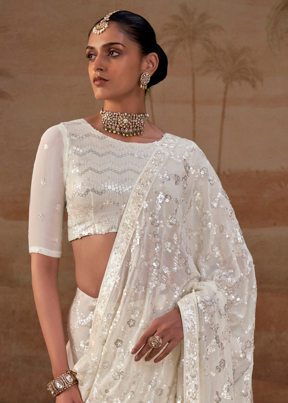 Pearl White Georgette Saree with Sequin &amp; Thread Artistry