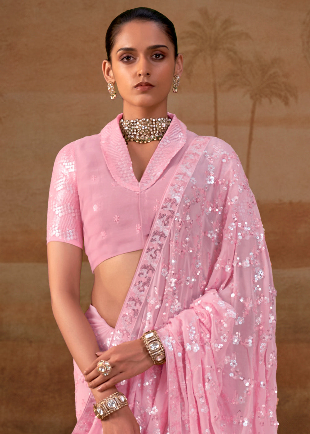 Taffy Pink Georgette Saree with Sequin & Thread Artistry