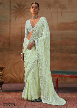 Panache Green Georgette Saree with Sequin & Thread Artistry