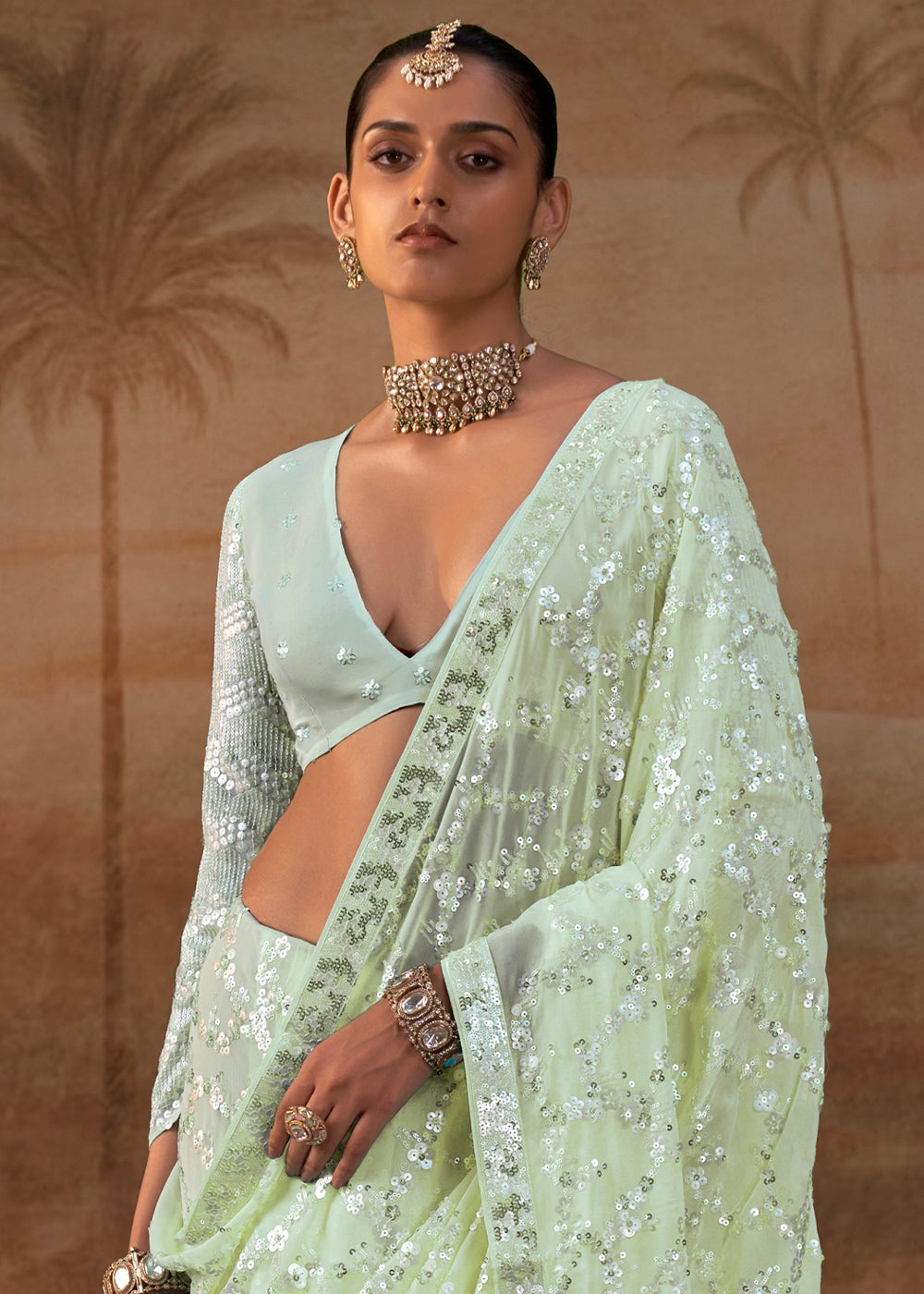 Panache Green Georgette Saree with Sequin & Thread Artistry