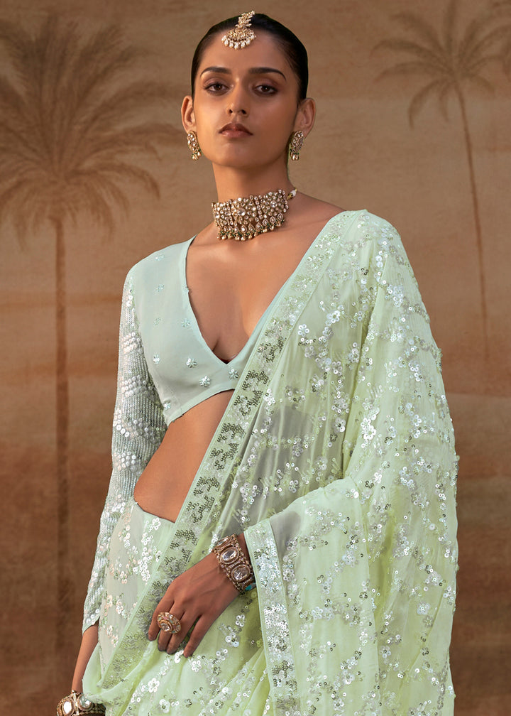 Panache Green Georgette Saree with Sequin &amp; Thread Artistry