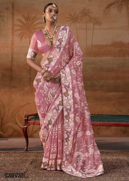 Pinkish Purple Handloom Silk Saree with Lucknowi Nakshi & Floral Embroidery