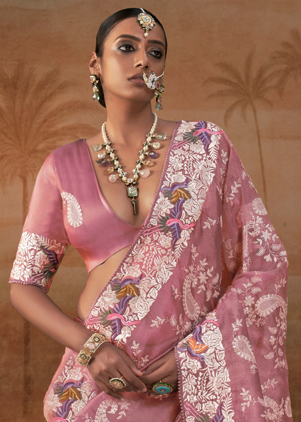Pinkish Purple Handloom Silk Saree with Lucknowi Nakshi &amp; Floral Embroidery