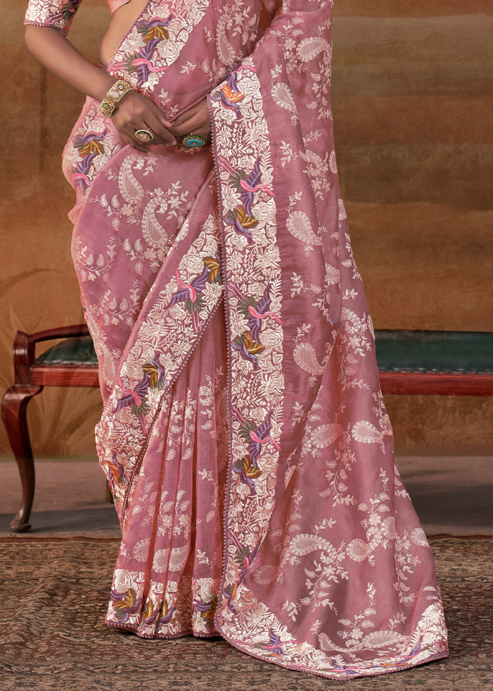 Pinkish Purple Handloom Silk Saree with Lucknowi Nakshi &amp; Floral Embroidery