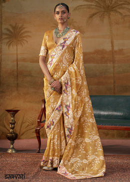 Mustard Yellow Handloom Silk Saree with Lucknowi Nakshi & Floral Embroidery
