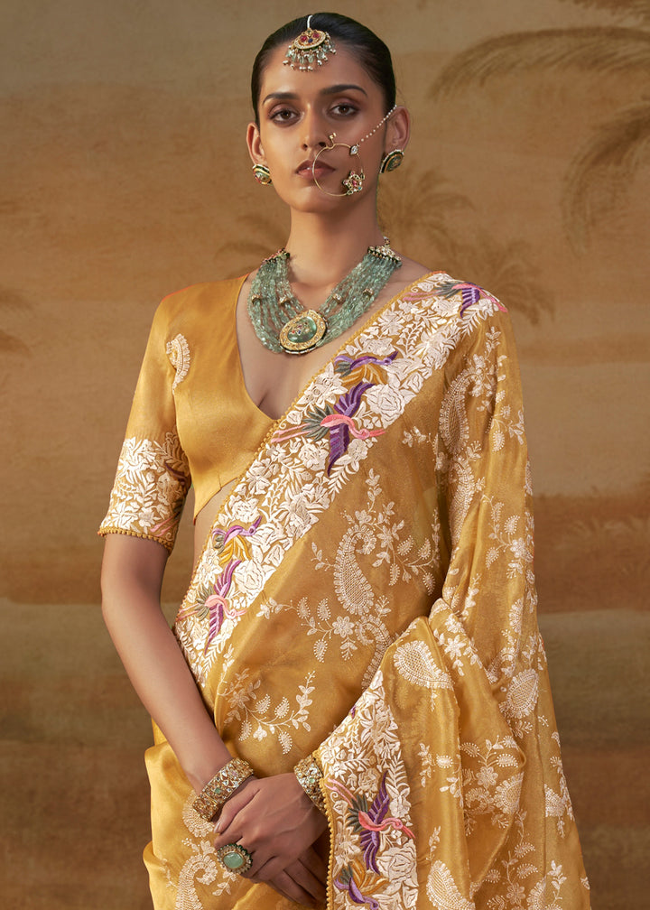 Mustard Yellow Handloom Silk Saree with Lucknowi Nakshi &amp; Floral Embroidery