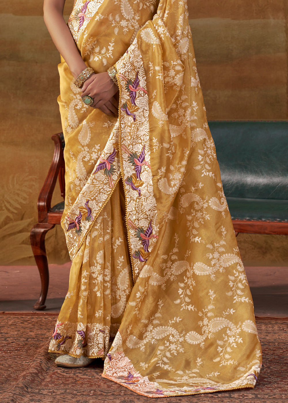 Mustard Yellow Handloom Silk Saree with Lucknowi Nakshi &amp; Floral Embroidery