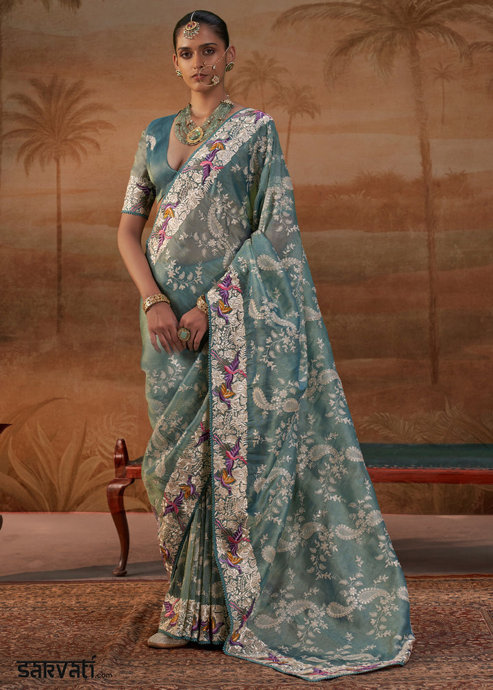 Country Blue Handloom Silk Saree with Lucknowi Nakshi &amp; Floral Embroidery