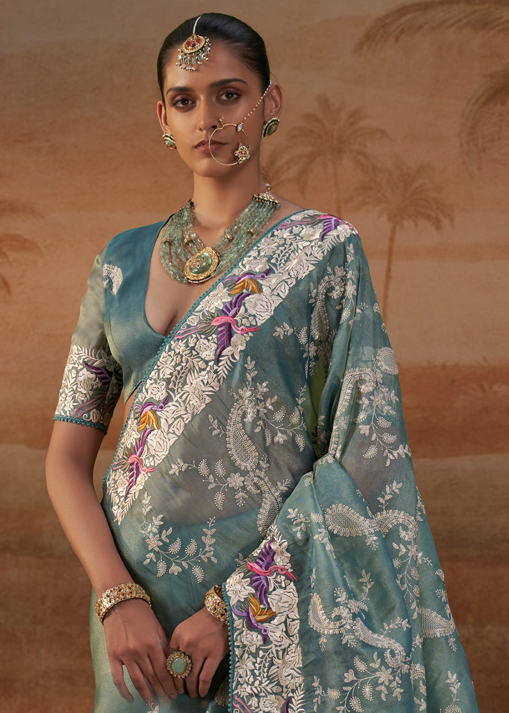Country Blue Handloom Silk Saree with Lucknowi Nakshi &amp; Floral Embroidery