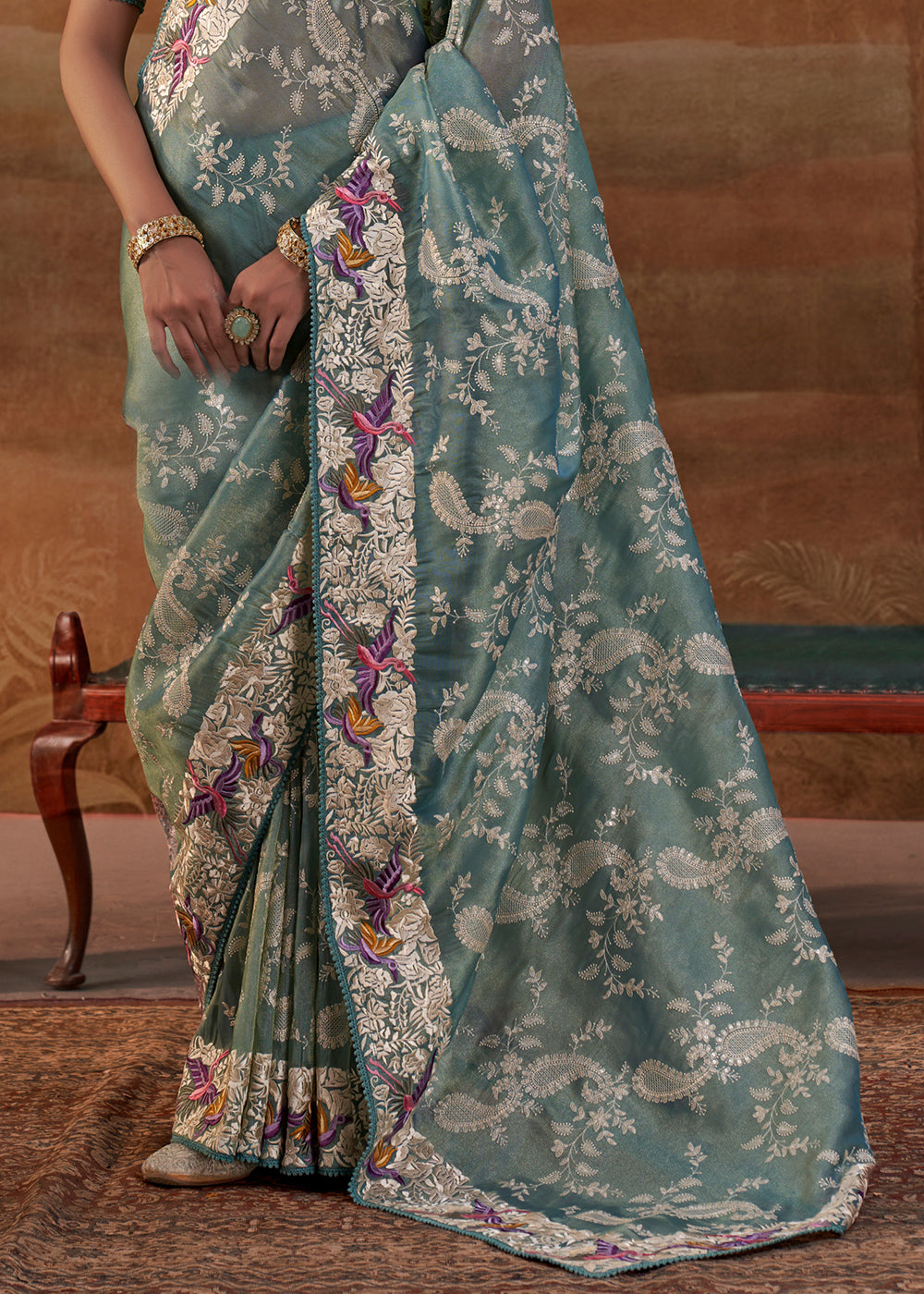 Country Blue Handloom Silk Saree with Lucknowi Nakshi &amp; Floral Embroidery