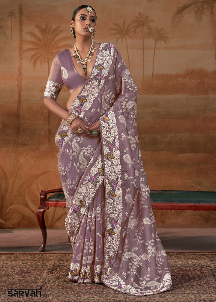 Lavender Purple Handloom Silk Saree with Lucknowi Nakshi &amp; Floral Embroidery