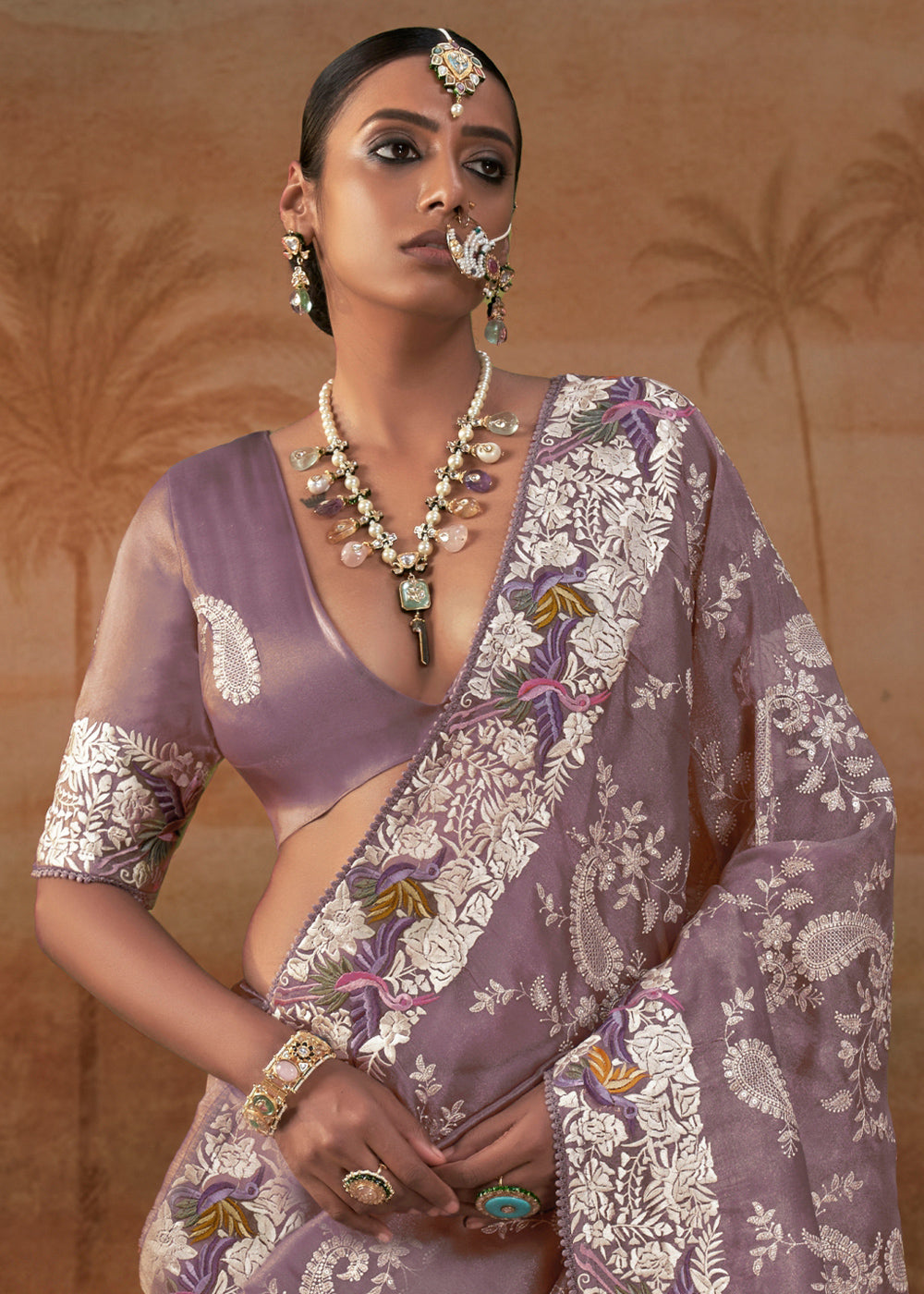 Lavender Purple Handloom Silk Saree with Lucknowi Nakshi & Floral Embroidery
