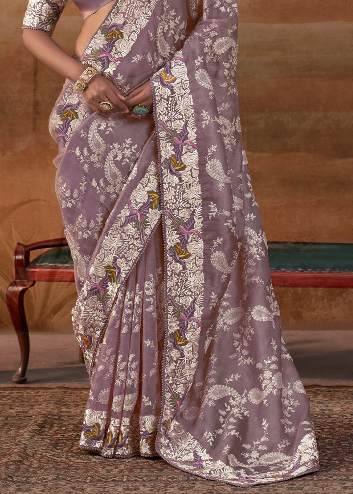 Lavender Purple Handloom Silk Saree with Lucknowi Nakshi &amp; Floral Embroidery