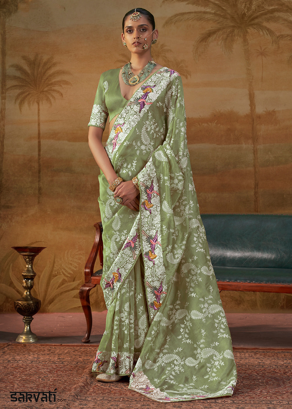 Cool Green Handloom Silk Saree with Lucknowi Nakshi &amp; Floral Embroidery
