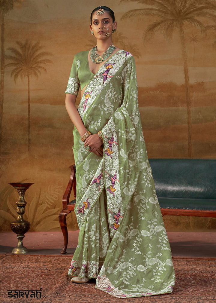 Cool Green Handloom Silk Saree with Lucknowi Nakshi &amp; Floral Embroidery