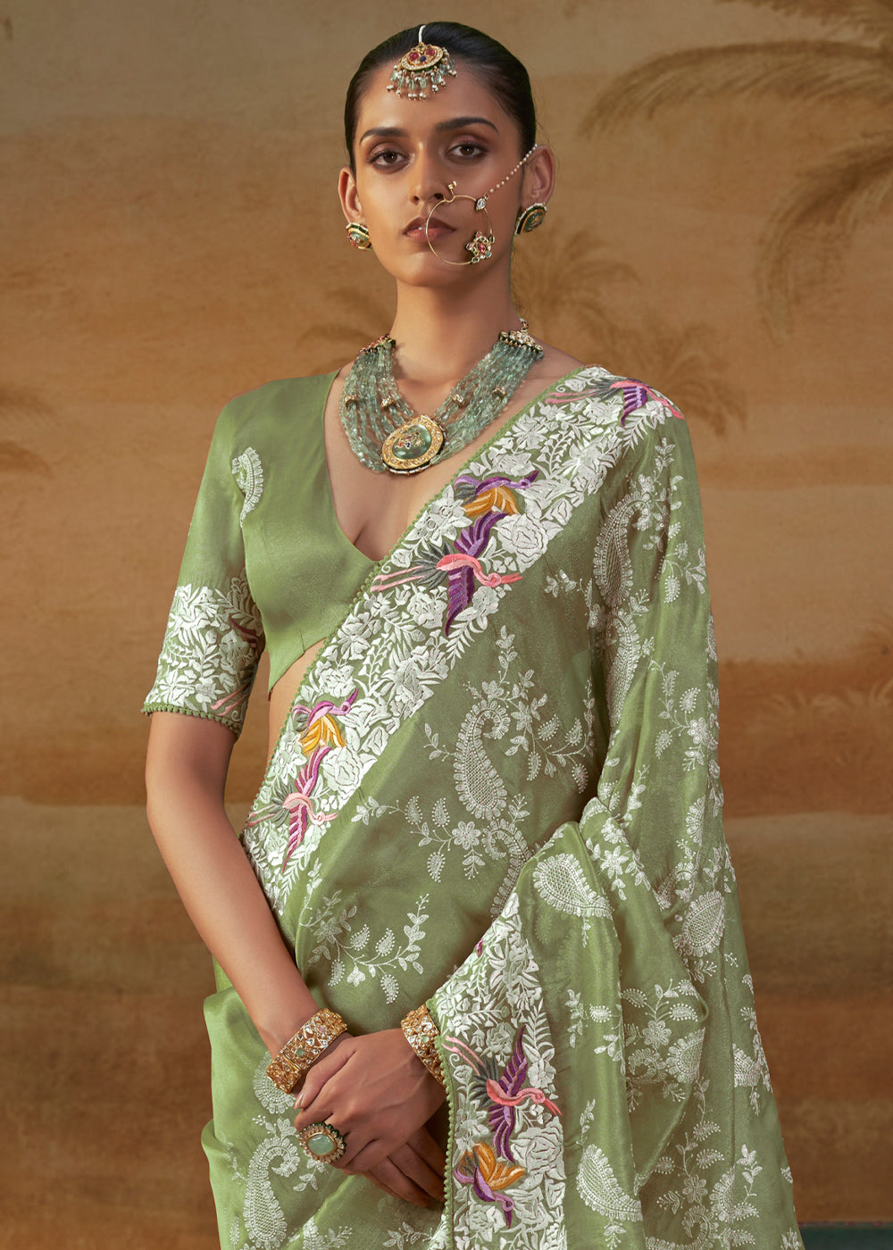 Cool Green Handloom Silk Saree with Lucknowi Nakshi &amp; Floral Embroidery