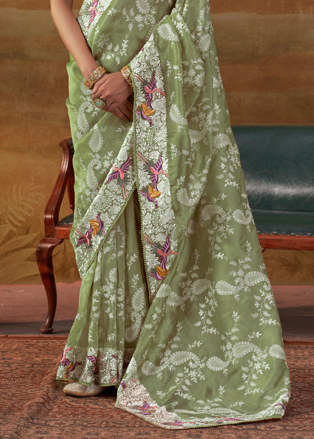 Cool Green Handloom Silk Saree with Lucknowi Nakshi &amp; Floral Embroidery