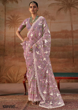 Lilac Purple Designer Organza Saree with Vibrant Floral Threadwork