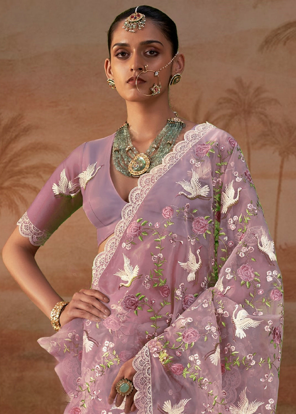 Lilac Purple Designer Organza Saree with Vibrant Floral Threadwork