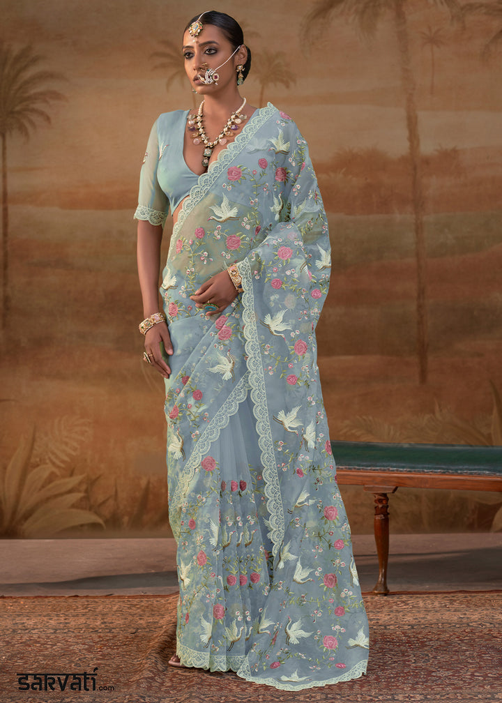 Light Blue Designer Organza Saree with Vibrant Floral Threadwork