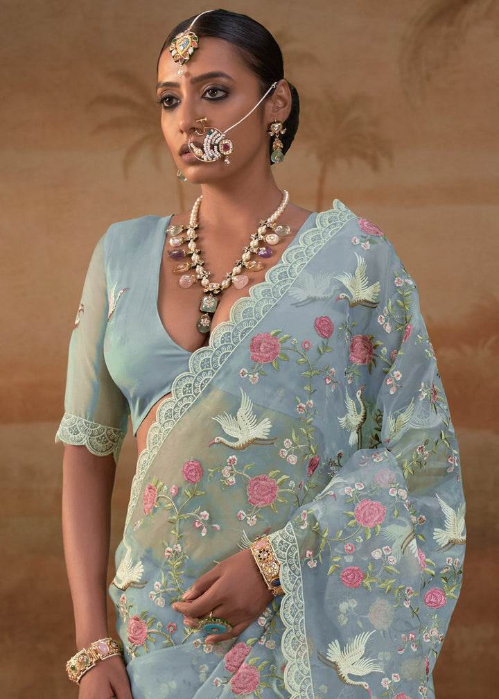 Light Blue Designer Organza Saree with Vibrant Floral Threadwork