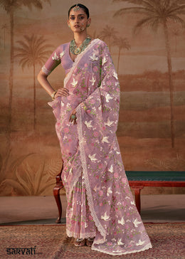 Creamy Pink Designer Organza Saree with Vibrant Floral Threadwork
