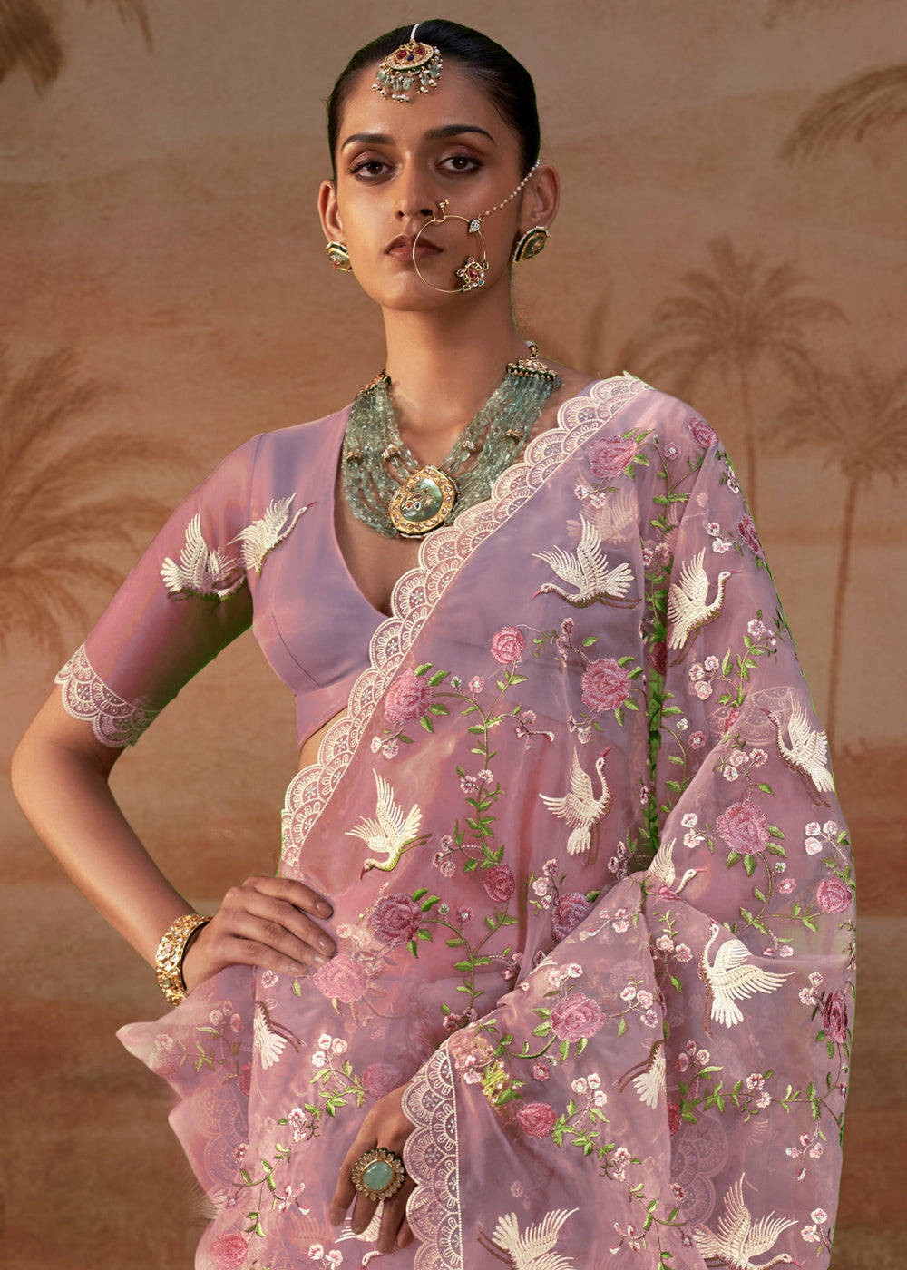 Creamy Pink Designer Organza Saree with Vibrant Floral Threadwork