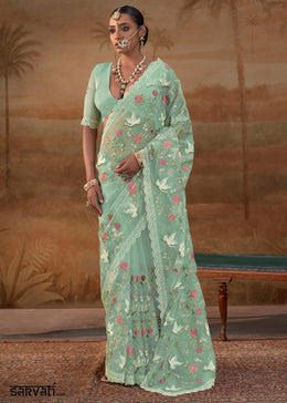 Mint Green Designer Organza Saree with Vibrant Floral Threadwork