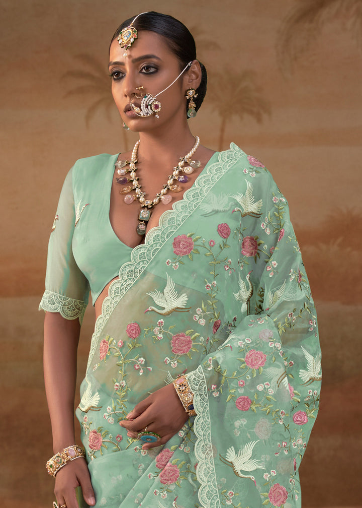 Mint Green Designer Organza Saree with Vibrant Floral Threadwork