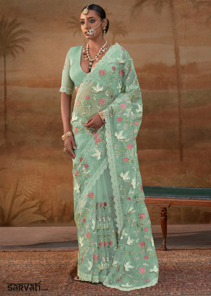 Mint Green Designer Organza Saree with Vibrant Floral Threadwork