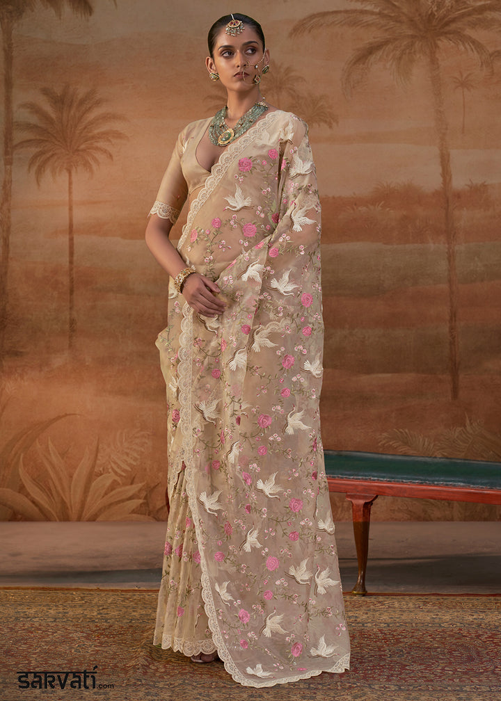 Sand Brown Designer Organza Saree with Vibrant Floral Threadwork