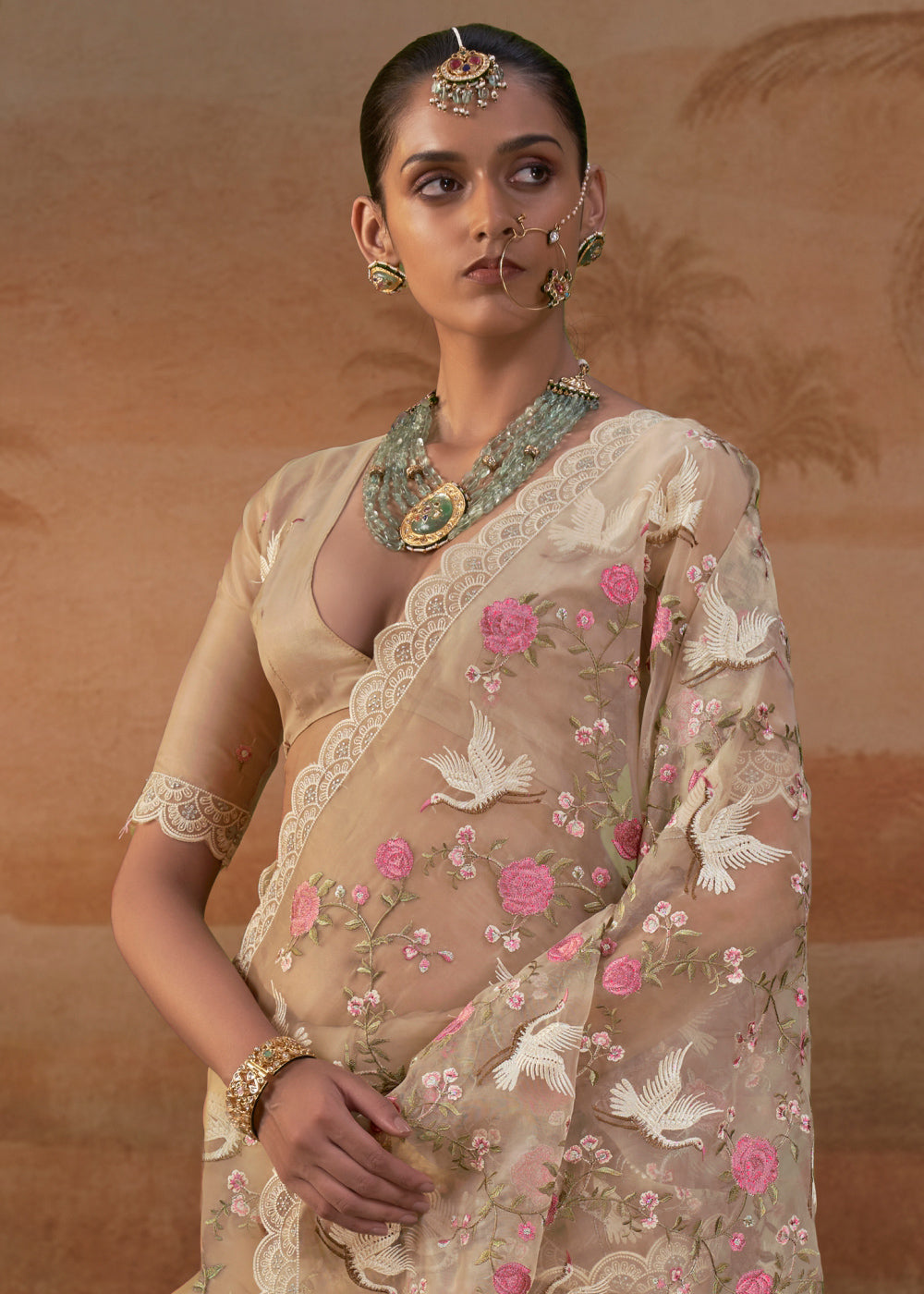 Sand Brown Designer Organza Saree with Vibrant Floral Threadwork