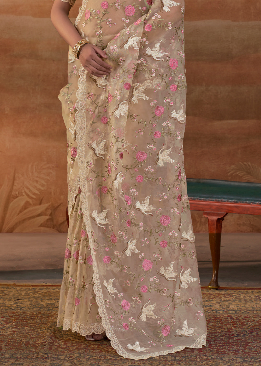 Sand Brown Designer Organza Saree with Vibrant Floral Threadwork