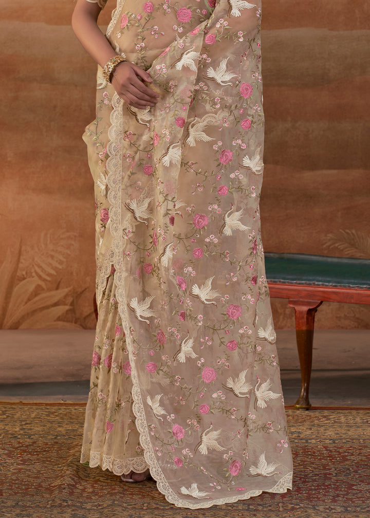 Sand Brown Designer Organza Saree with Vibrant Floral Threadwork