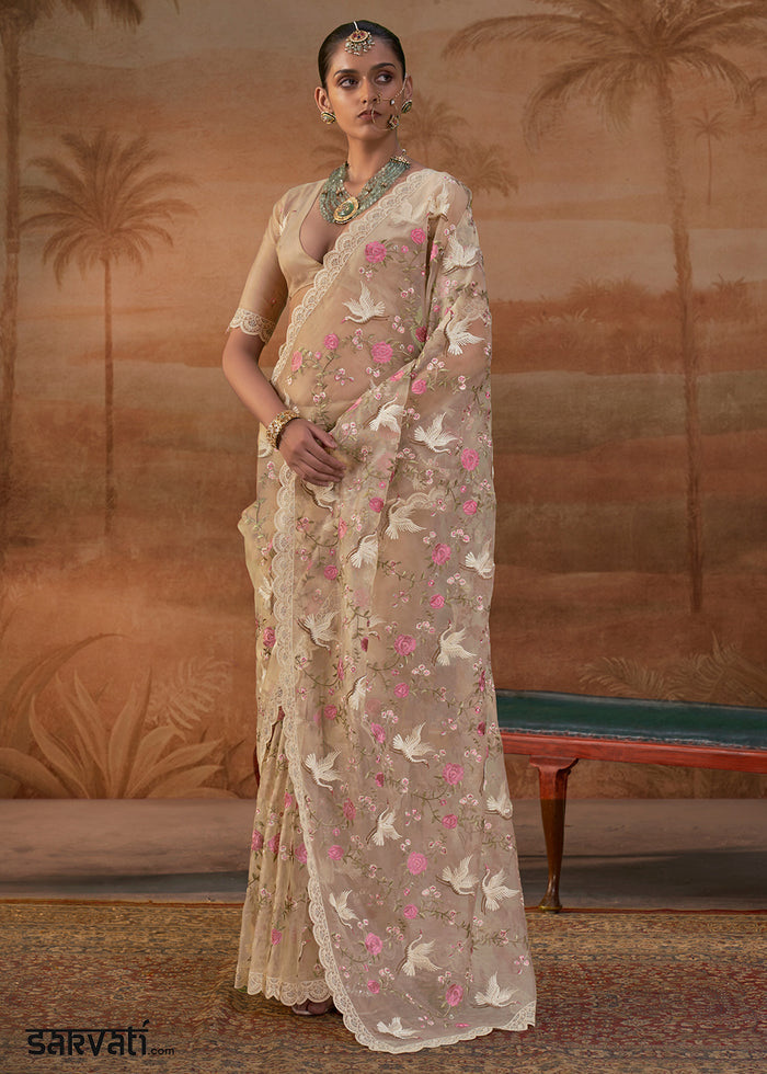 Sand Brown Designer Organza Saree with Vibrant Floral Threadwork
