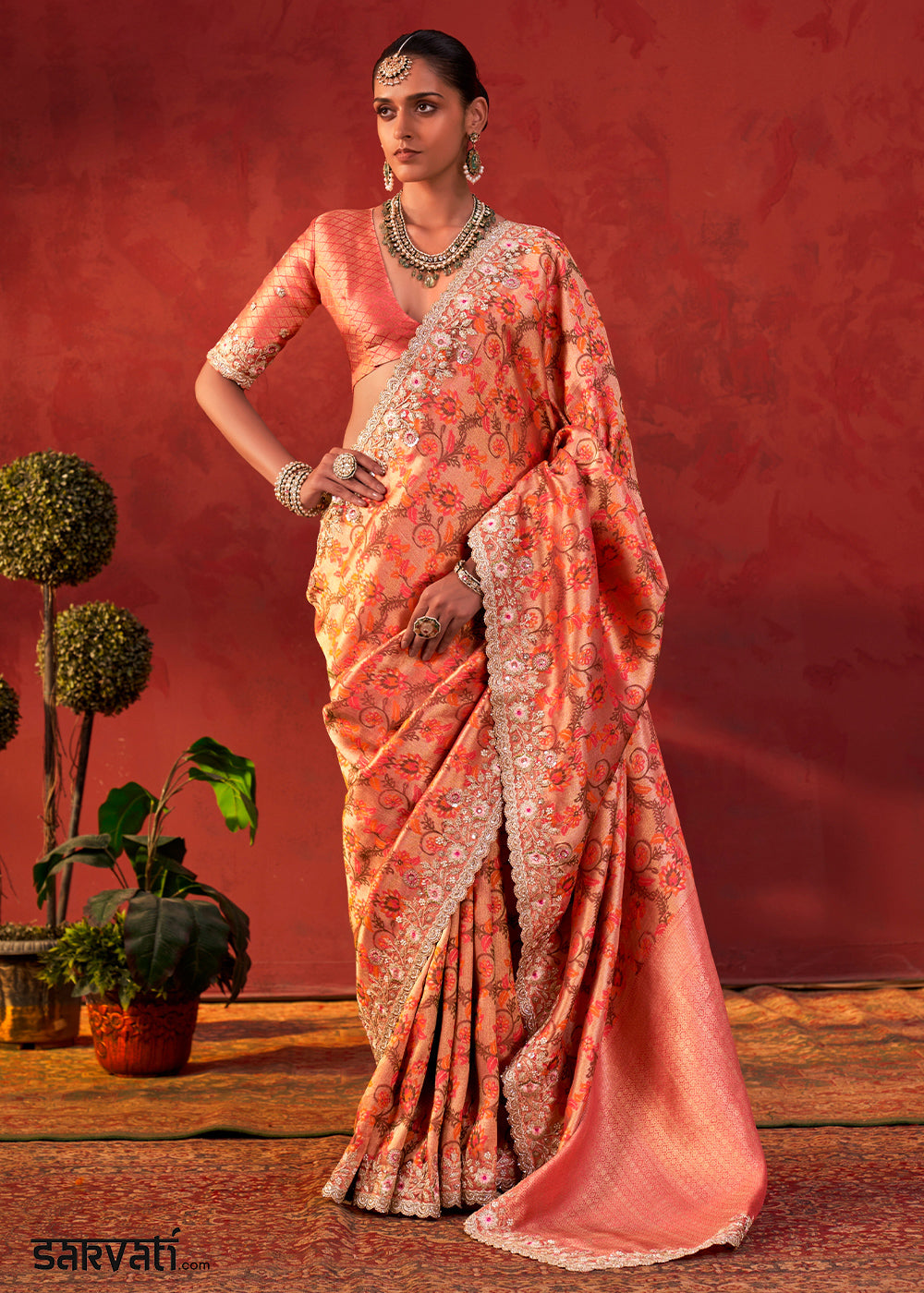 Orange Red Viscose Silk Saree with Embroidered Flourishes