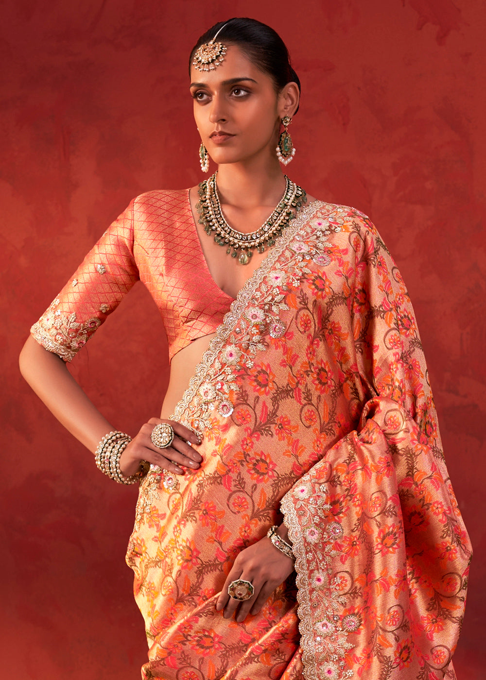 Orange Red Viscose Silk Saree with Embroidered Flourishes