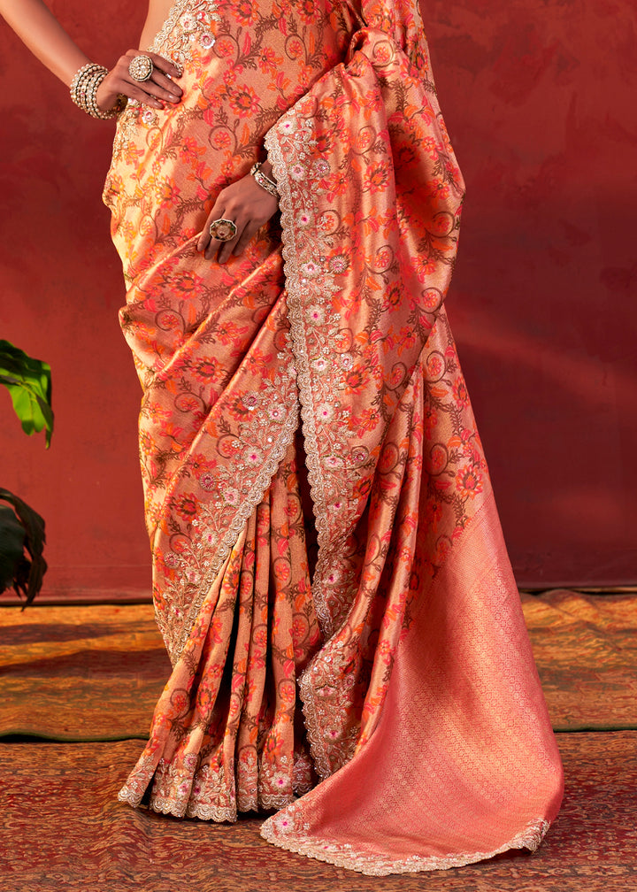 Orange Red Viscose Silk Saree with Embroidered Flourishes
