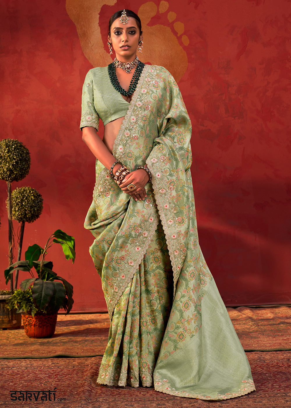 Pastel Green Viscose Silk Saree with Embroidered Flourishes