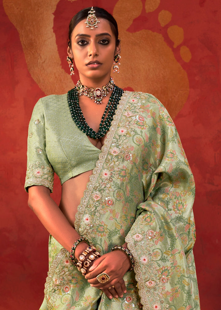 Pastel Green Viscose Silk Saree with Embroidered Flourishes